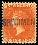 Stamp of St. Vincent 1882 Specimens Type SV2: 1883-84 CA perf 12 6d. bright green and 1/- orange-vermilion, both handstamped "SPECIMEN", both without gum