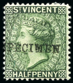 Stamp of St. Vincent 1892 Specimens Type SV4: 1885-93 CA perf 14 1/2d., 1d & 5s and 1890-93 CA perf 14 2 1/2d. on 1d. blue, 6d. and 1s.