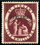 Stamp of St. Vincent 1892 Specimens Type SV4: 1885-93 CA perf 14 1/2d., 1d & 5s and 1890-93 CA perf 14 2 1/2d. on 1d. blue, 6d. and 1s.