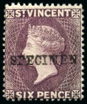 Stamp of St. Vincent 1892 Specimens Type SV4: 1885-93 CA perf 14 1/2d., 1d & 5s and 1890-93 CA perf 14 2 1/2d. on 1d. blue, 6d. and 1s.