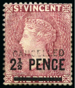 Stamp of St. Vincent 1882-83 2 1/2d. on 1d. lake (faded) with "CANCELLED" (Type D4) overprint