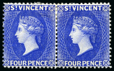 Stamp of St. Vincent 1882-83 4d. ultramarine, horizontal pair fresh and fine unused with large part original gum