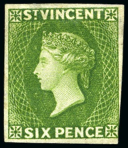 Stamp of St. Vincent THE ONLY RECORDED EXAMPLE: 1883-84 Plate Proof 6d. bright green, imperforate on watermarked paper