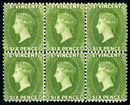 Stamp of St. Vincent LARGEST RECORDED MULTIPLE: 1883-84 CA 6d. bright green, block of six, unused with part to large part original gum