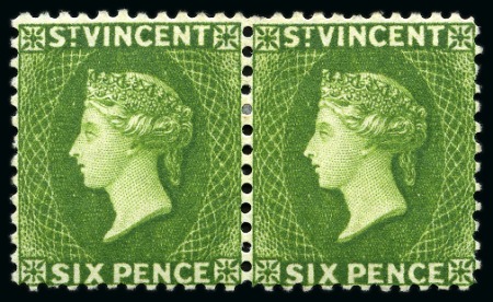 Stamp of St. Vincent 1883-84 CA 6d. bright green, horizontal pair with watermark reversed, fine unused with part original gum