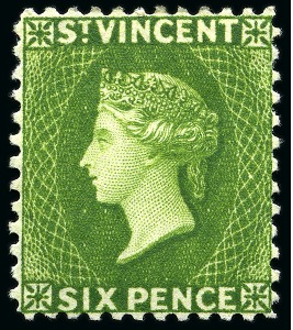 Stamp of St. Vincent 1883-84 CA 6d. bright green, single watermark reversed, fine unused with part original gum