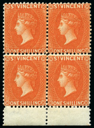 Stamp of St. Vincent 1883-84 CA 1s orange-vermilion, bottom sheet marginal block of four, fresh and fine unused with large part original gum
