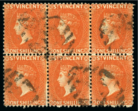 Stamp of St. Vincent THE LARGEST BLOCK RECORDED: 1883-84 CA 1s orange-vermilion, block of six (3x2) cancelled "A10"