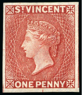Stamp of St. Vincent ONLY TWO EXAMPLES RECORDED: 1885-93 Plate Proofs 1d. red, imperforate, without gum
