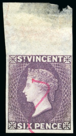 Stamp of St. Vincent ONLY RECORDED EXAMPLE: 1885-93 Plate Proofs 6d. violet, imperforate, top sheet marginal example crossed by red ink stroke