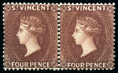Stamp of St. Vincent 1885-93 CA 4d. red-brown, horizontal pair unused with part original gum
