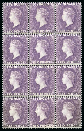 Stamp of St. Vincent ONE OF ONLY MINT BLOCKS OF TWELVE RECORDED: 1885-93 CA 6d. violet, block of twelve, unused with large part to full original gum