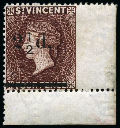 Stamp of St. Vincent THE ONLY RECORDED EXAMPLE: 1890 (Aug.) Provisional Issue 2 1/2d. on 4d. chocolate with variety imperforate between stamp and margin at right