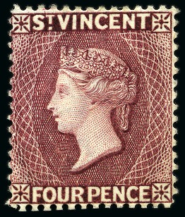 Stamp of St. Vincent 1890-93 Wmk CA, Colours Changed Colour Trials 4d. deep claret, on watermarked paper, no gum