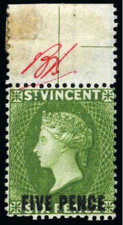 Stamp of St. Vincent 1893-94 Colour Trial "FIVE PENCE" on 6d. in green