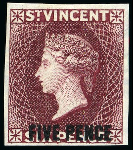 Stamp of St. Vincent ONLY THREE EXAMPLES RECORDED: 1893-94 Plate Proof "FIVE PENCE" on 6d. carmine-lake