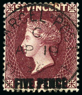 Stamp of St. Vincent 1893-94 "FIVE PENCE" on 6d. deep lake, variety surcharge double, used