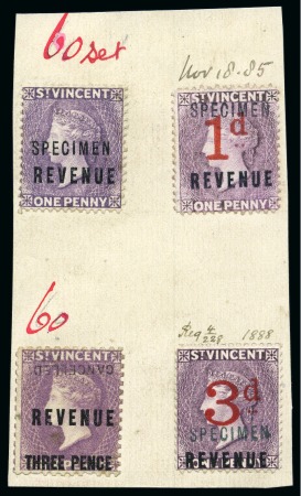 Stamp of St. Vincent REVENUES: 1884-97 Issue group overprinted "SEPCIMEN" or "CANCELLED" affixed to piece
