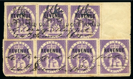 Stamp of St. Vincent 1886 5s lilac pairs (2) and "one pound" (25x3mm.) on 5s. lilac (3), all affixed to piece and cancelled by two sets of manuscript initials and date