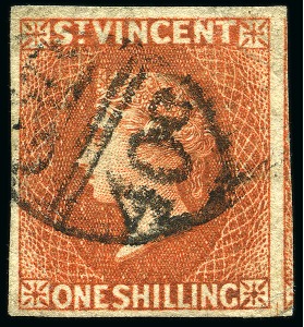 Stamp of St. Vincent ONE OF TWO RECORDED EXAMPLES: 1877-78 1s vermilion, imperforate, used