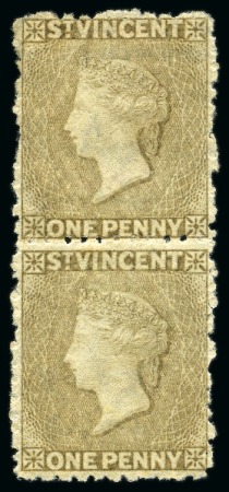 Stamp of St. Vincent 1881 1d. drab, mint vertical pair with large part original gum, plus mint single