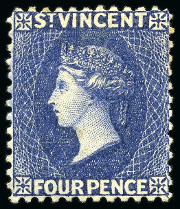 Stamp of St. Vincent 1883-84 4d. ultramarine-blue with watermark reversed, unused with part original gum