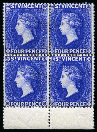 Stamp of St. Vincent 1882-83 4d. ultramarine, bottom sheet marginal block of four, unused with large part original gum