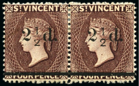 Stamp of St. Vincent 1890 2 1/2d. on 4d. chocolate, unused horizontal pair with right stamp showing variety no fraction bar