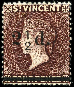 Stamp of St. Vincent 1890 2 1/2d. on 4d. chocolate, unused single showing variety no fraction bar