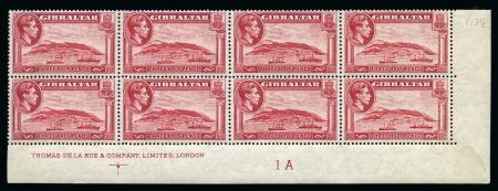 Stamp of Gibraltar 1938-51 1 1/2d Carmine perf.13 1/2 in mint nh lower right corner marginal plate block of 8 with De La Rue printer's inscription