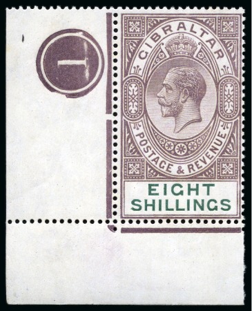 Stamp of Gibraltar 1921-27 Wmk Script CA 8s dull purple & green mint nh corner marginal single with plate number "1"