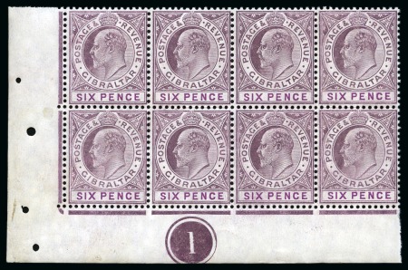 Stamp of Gibraltar 1906-11 Multi Crown CA chalk surfaced paper 6d dull and bright purple in mint nh lower left corner marginal plate block of 8