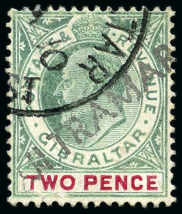 Stamp of Gibraltar 1904-08 Multi Crown CA chalk surfaced paper 2d and 1s with part cds and "ULTRAMAR" hs applied in Gibraltar