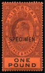 Stamp of Gibraltar 1903 Wmk CA 1/2d to £1 in two sets of 10 with SPECIMEN overprints