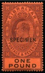Stamp of Gibraltar 1903 Wmk CA 1/2d to £1 in two sets of 10 with SPECIMEN overprints