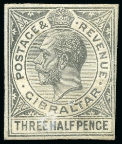 Stamp of Gibraltar 1921-27 1 1/2d Printer's working proof (to check the registration of dies) in grey-black on stamp-size card