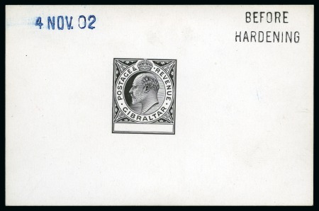 Stamp of Gibraltar 1902 KEVII undenominated master die proof as used for the low values in black on glazed card