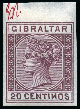 Stamp of Gibraltar 1895 Imperforate colour trials of the 20c and 2p values with HAND-PAINTED DUTY TABLETS