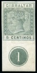 Stamp of Gibraltar 1889-96 5c, 10c, 20c, 25c, 50c, 75c, 1p and 5p and 40c block of four, group of imperforate imprimaturs in the issued colours on gummed watermarked paper