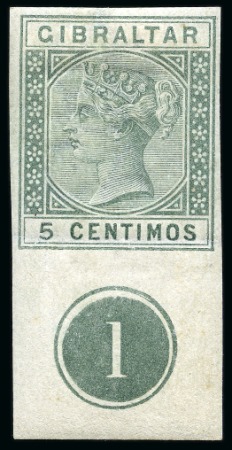Stamp of Gibraltar 1889-96 5c, 10c, 20c, 25c, 50c, 75c, 1p and 5p and 40c block of four, group of imperforate imprimaturs in the issued colours on gummed watermarked paper