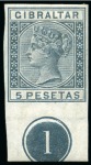 Stamp of Gibraltar 1889-96 5c, 10c, 20c, 25c, 50c, 75c, 1p and 5p and 40c block of four, group of imperforate imprimaturs in the issued colours on gummed watermarked paper