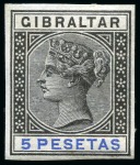 Stamp of Gibraltar 1895 Imperforate colour trials of the 5p, set of 3, on gummed unwatermarked paper