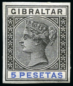 Stamp of Gibraltar 1895 Imperforate colour trials of the 5p, set of 3, on gummed unwatermarked paper