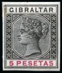 Stamp of Gibraltar 1895 Imperforate colour trials of the 5p, set of 3, on gummed unwatermarked paper