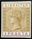 Stamp of Gibraltar 1895 Imperforate colour trials of the 1p, two examples on gummed unwatermarked paper