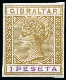 Stamp of Gibraltar 1895 Imperforate colour trials of the 1p, two examples on gummed unwatermarked paper