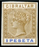 Stamp of Gibraltar 1895 Imperforate colour trials of the 1p, two examples on gummed unwatermarked paper