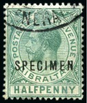 Stamp of Gibraltar 1912-24 Wmk Multi CA 1/2d, 1d, 2d, 2s (2) and 8s with SPECIMEN overprint and French Gabon Secretariat General receiving handstamp
