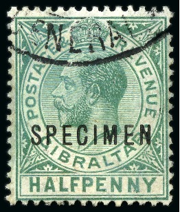 Stamp of Gibraltar 1912-24 Wmk Multi CA 1/2d, 1d, 2d, 2s (2) and 8s with SPECIMEN overprint and French Gabon Secretariat General receiving handstamp