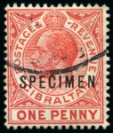 Stamp of Gibraltar 1912-24 Wmk Multi CA 1/2d, 1d, 2d, 2s (2) and 8s with SPECIMEN overprint and French Gabon Secretariat General receiving handstamp